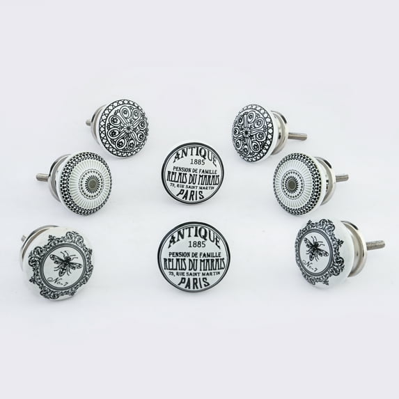 Perilla Home Set of 8 Round Black and White Printed Knobs Pull And Push For Handles Cabinet Door Home Interior Decorative Knobs for Home Kitchen Cupboard Bedroom Dresser Wardrobe Drawer Pulls