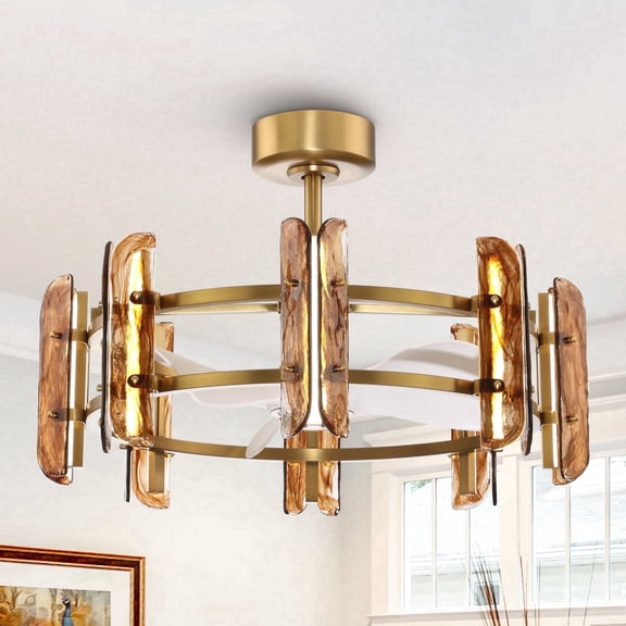 Parrot Uncle Modern 32" Gold Amber Art Glass Caged LED Ceiling Fan with Remote Control, 8"/20" Downrods