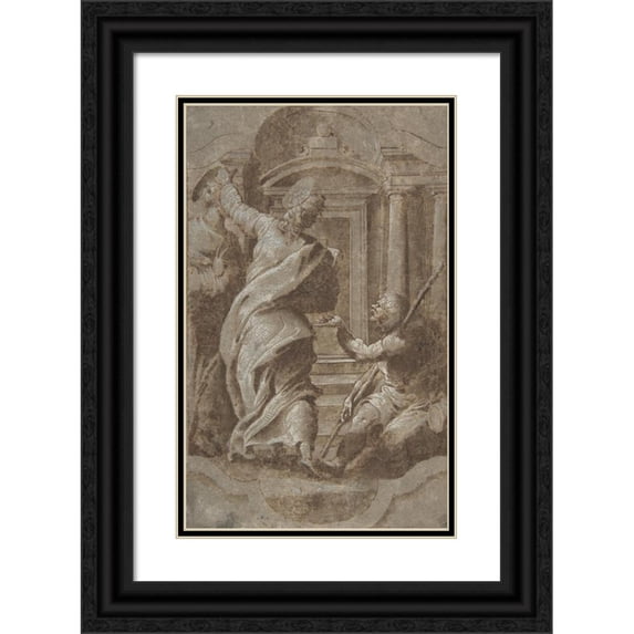 Perino Del Vaga 16x24 Black Ornate Framed Double Matted Museum Art Print Titled: Saints Peter and John Healing a Cripple at the Gate of the Temple (1501-47)