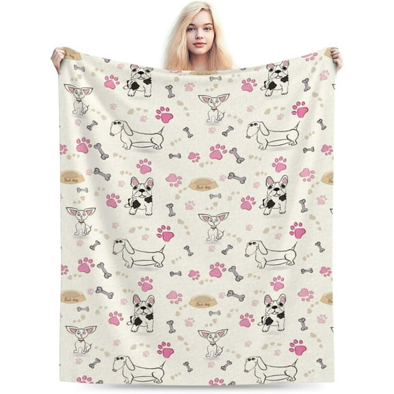 Perinsto Cute Dogs Throw Blanket Ultra Soft Warm All Season Paws and Bones Decorative Flannel Blankets for Bed Chair Car Sofa Couch Bedroom 50X40