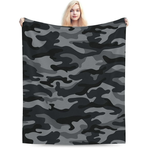 Perinsto Grey Black Camouflage Throw Blanket Ultra Soft Warm All Season Military Camo Decorative Flannel Blankets for Bed Chair Car Sofa Couch Bedroom 60x50 Inch