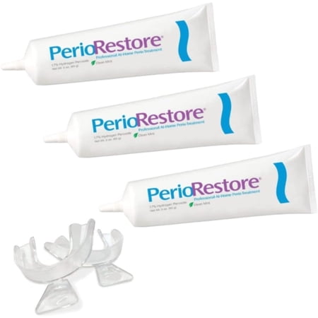 Perio Restore® Gel 3 Ounce Tube; 3 Pack. 1.7% Hydrogen Peroxide Oral Cleansing Treatment Gel. includes Two (2) Trays for Ease of Application. Mint Flavor