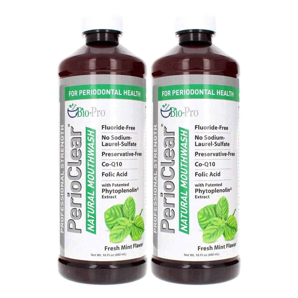 PerioClear Alcohol-Free Mouthwash with CoQ10 and Folic Acid - TWO 16 oz Bottles Dentist Formulated Flouride Free | Naturally Whitens Teeth | Freshens Breath | Removes Plaque | Minimizes Dry Mouth