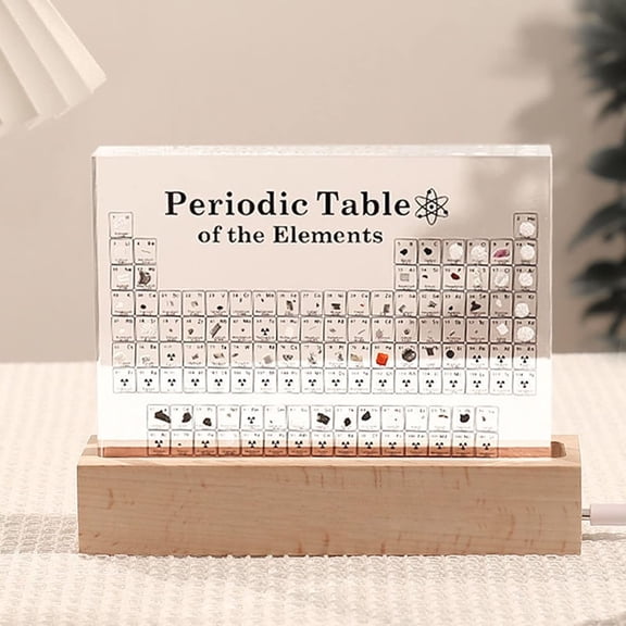 Periodic Table Acrylic Display with LED USB Wooden Base for Home Office Desktop, 15*11.5*4.5cm, Clear, 1pcs