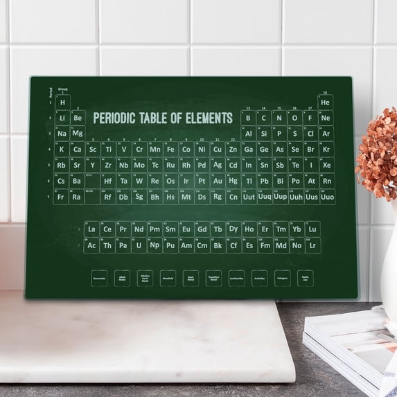 Periodic Table Cutting Board, Chemistry Science Inspirational Elements Art for, Decorative Tempered Glass Cutting and Serving Board, Large Size, Dark Green and White, by Ambesonne