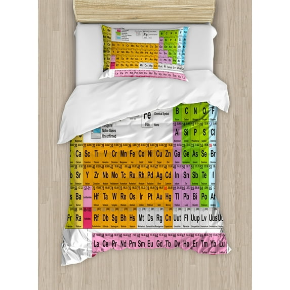 Periodic Table Duvet Cover Set Twin Size, Science Freak Chemistry Lovers Colorful Element Table for Fun Learning Image, Decorative 2 Piece Bedding Set with 1 Pillow Sham, Multicolor, by Ambesonne