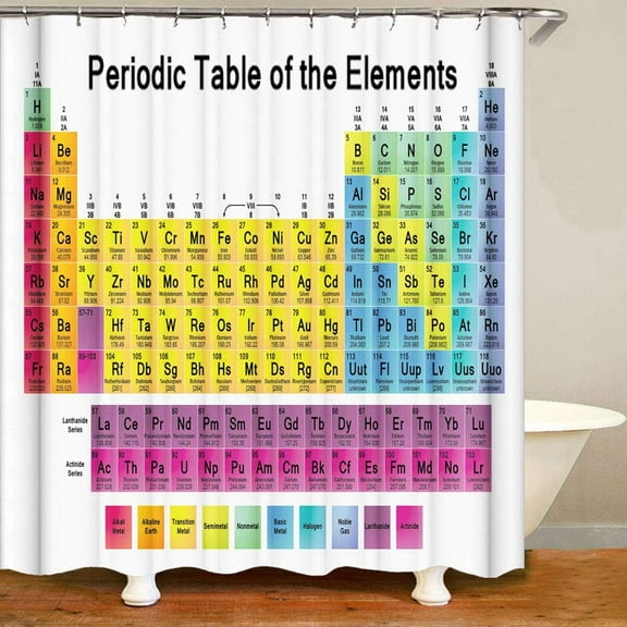 Periodic Table of Elements Shower Curtain, Color Glossary of Student Chemistry Terms, 72 x 72 Inches Polyester Fabric Modern Science Theme Bathroom Decor Set with 12 Hooks