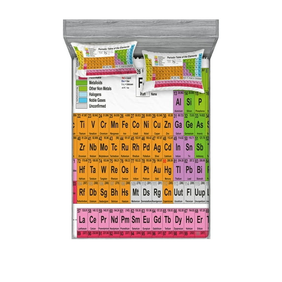 Periodic Table Fitted Sheet & Pillow Sham Set, Science Freak Chemistry Lovers Colorful Element Table for Fun Learning Image, Decorative 6 Piece Bedding Decor Set, King, Multicolor, by Ambesonne