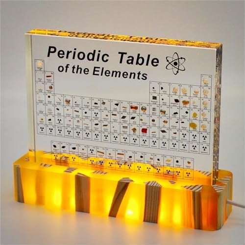 Periodic Table with Real Elements Inside, Amber Lighted Stand Acrylic Periodic Table of Elements Poster, Crafts Dcor Teaching Tool Chemistry Gift for Kids Adults Students Teacher Science Lovers