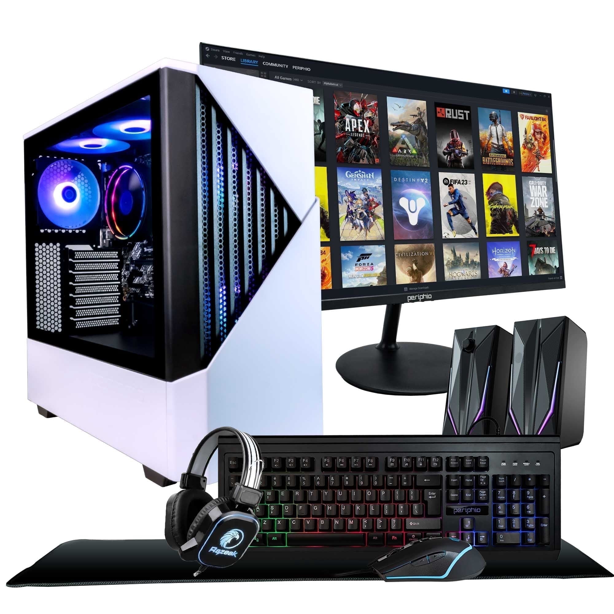 Periphio Castle Gaming PC Computer - Battlestation Bundle, AMD Ryzen 5 5600G, Radeon Vega 7 Graphics, 1TB NVMe SSD, 16GB RAM, Windows 11, 24" Monitor