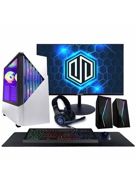 Castle Gaming PC, AMD Ryzen 5 5500 up to 4.2 GHz with AMD Radeon 6500XT Graphics, 16GB RAM, 1TBSSD, WiFi, Windows 11 Home, White, 1080p Gaming Computer - Full RGB Gamer Bundle, 24" Monitor