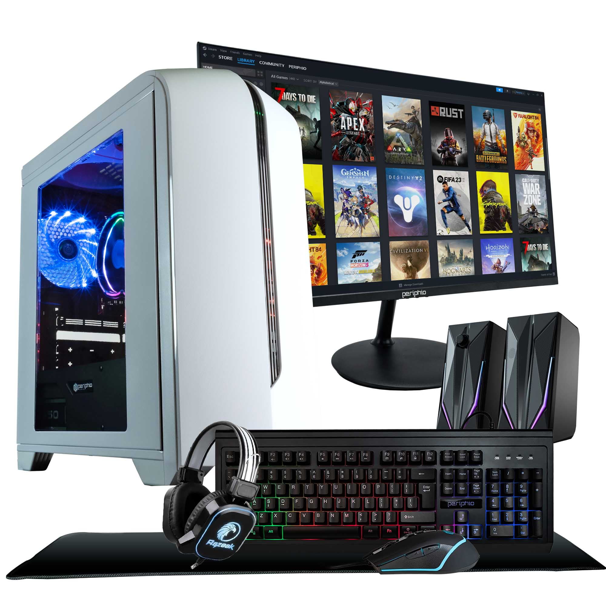 Periphio Warp Gaming PC Desktop Battlestation, AMD Ryzen 5 with Vega Graphics for 1080p PC Gaming, 16GB RAM, 1TB NVMe SSD, Windows 11 Computer Bundle