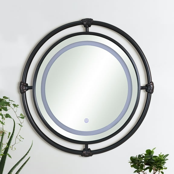 Perismore Metal Round Wall Mirror with LED Light, Black and Copper