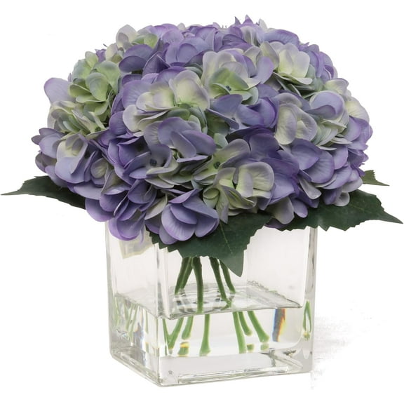 Periwinkle 10-Inch Diameter Hydrangea Stem Set 6 Stems in Vase, Artificial Flower Arrangement for Home, Office & Event Dcor