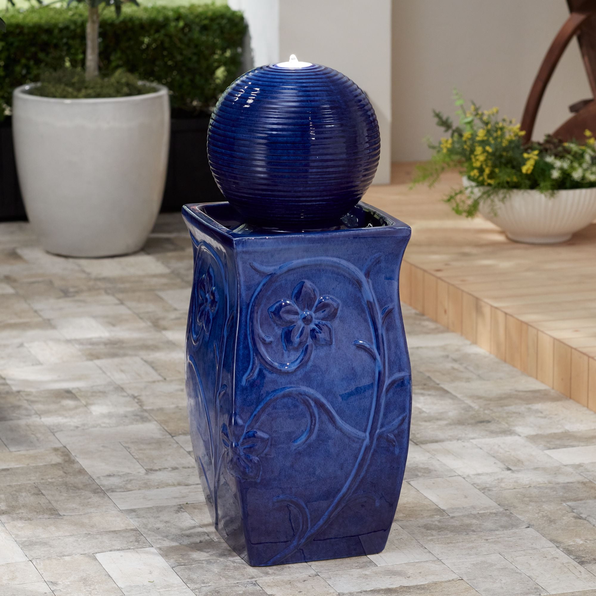 Periwinkle 29 1/4" High Large Zen Outdoor Decor Blue Ceramic Floor Fountain with Light LED Outside Garden Patio