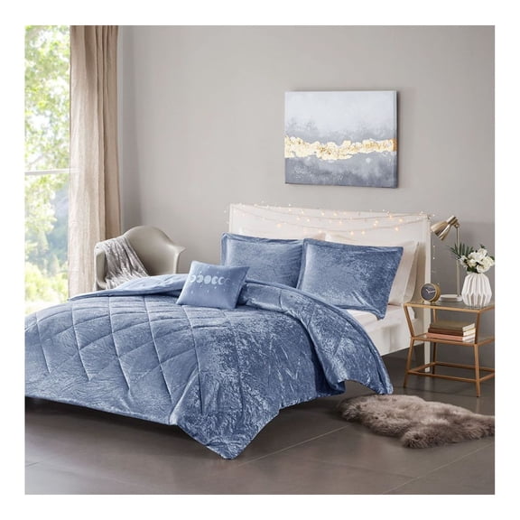 Periwinkle Blue Comforter Set - Crushed Velvet Quilted Design - Hypoallergenic & Machine Washable - Includes Shams & Decorative Pillow