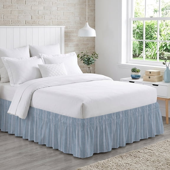 Periwinkle Blue Striped Bed Skirt California King Size 18 Inch Drop, Coastal Grandma French Rustic Linen Texture Adjustable Elastic Dust Ruffles Bedskirt Wrap Around Pleated Mattress Frame Cover