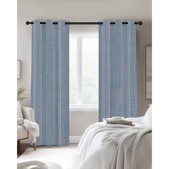 Periwinkle Blue Striped Blackout Curtains 2 Panels, Coastal Grandma French Rustic Linen Texture Thermal Insulated Grommet Window Curtains for Bedroom Living Room 52"x84"