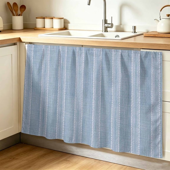 Periwinkle Blue Striped Cabinet Curtain, Coastal Grandma French Rustic Linen Texture Sink Skirt for Bathroom, Under Sink shelf Curtain Privacy Drape for Kitchen Laundry Room 32x55in