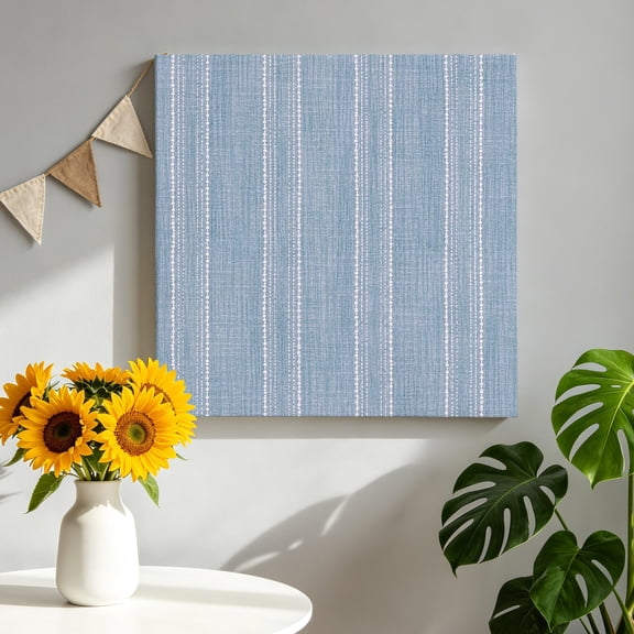 Periwinkle Blue Striped Canvas Wall Art for Living Room, Coastal Grandma French Rustic Linen Texture Wall Decor Framed Artwork Pictures Ready to Hang for Bedroom Office Home Decor 16x16 Inch