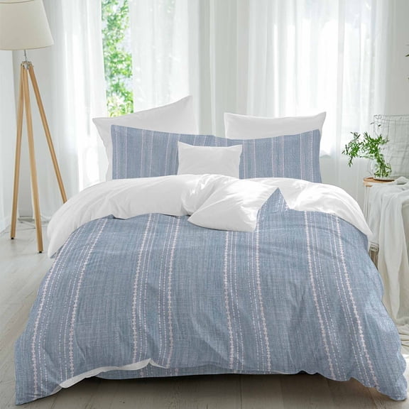 Periwinkle Blue Striped Comforter Set Queen Size, Coastal Grandma French Rustic Linen Texture Soft Bedding Set for Man Woman, 4 Pieces Duvet Cover Set with Fitted Sheet, 2 Pillowcases