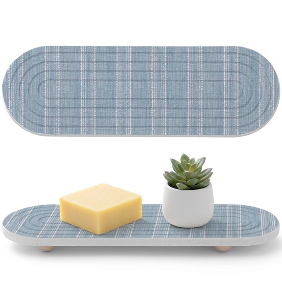 Periwinkle Blue Striped Diatomaceous Earth Coasters, Coastal Grandma French Rustic Linen Texture Water Absorbent Diatomite Coaster, Bathroom Tray Stone Dish Drying Mat Kitchen Sink Tray 12x4in