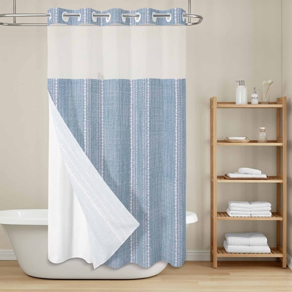 Periwinkle Blue Striped No Hook Shower Curtain with Snap in Liner, Coastal Grandma French Rustic Linen Texture Waterproof Shower Curtains with See Through Top Window Liner for Bathroom, 54x78 Inches