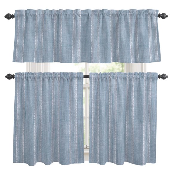 Periwinkle Blue Striped Kitchen Curtains Valances 3 Piece Set, Coastal Grandma French Rustic Linen Texture Rod Pocket Tier Curtain and Valance Drapes for Small Window 36 Inch Length for Bedroom Cafe