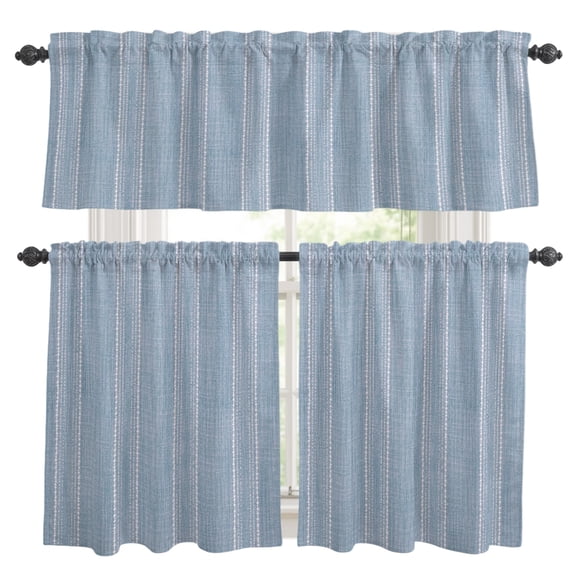 Periwinkle Blue Striped Kitchen Curtains and Valances Set, Coastal Grandma French Rustic Linen Texture 3 Piece Curtains Valances and Tiers Set Rod Pocket for Kitchen Bathroom Windows 24 Inch