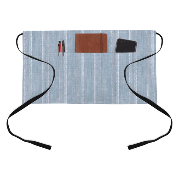 Periwinkle Blue Striped Kitchen Restaurant Half Waist Apron, Coastal Grandma French Rustic Linen Texture Server Short Apron with 3 Pockets Waterproof Oil Waist Aprons for Women Waitress Waiter