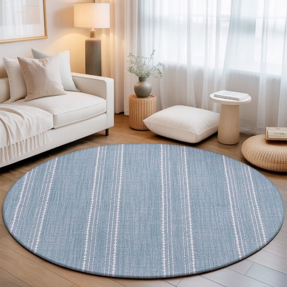 Periwinkle Blue Striped Large Round Rug 7Ft Coastal Grandma French Rustic Linen Texture Circle Area Rugs Washable Non Slip Indoor Floor Mats Carpet for Living Room Bedroom Dining Room Home Decor