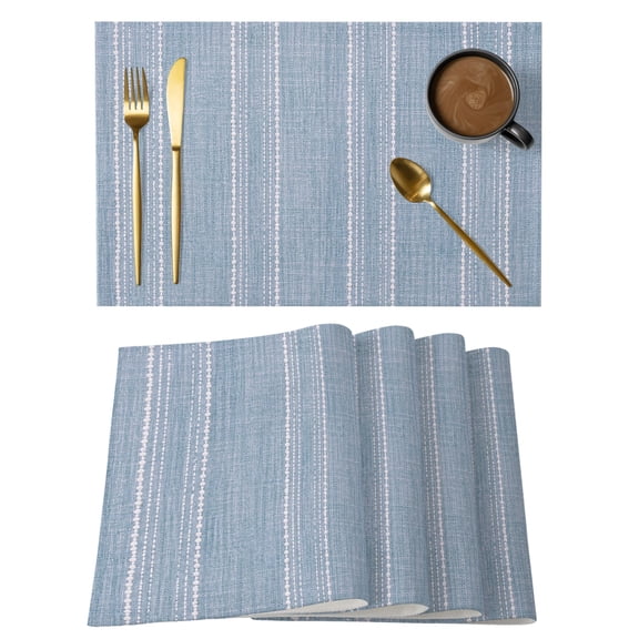 Periwinkle Blue Striped Placemats Set of 12, Coastal Grandma French Rustic Linen Texture Non-Slip Place Mats Washable Table Mats for Kitchen Dining Table Decorations Indoor/Outdoor