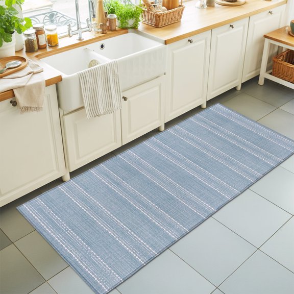 Periwinkle Blue Striped Runner Rug 2'x6' Coastal Grandma French Rustic Linen Texture Hallway Runner Rugs Washable Non-Slip Bedside Floor Mats Carpet for Kitchen Bedroom Laundry Room Bathroom