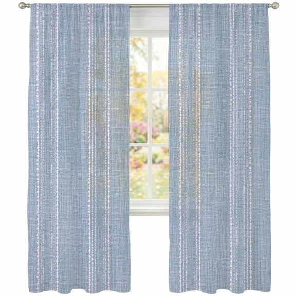 Periwinkle Blue Striped Sheer Curtains 108 Inches Long, Coastal Grandma French Rustic Linen Texture Light Filtering Sheer Window Curtains Drapes for Living Room Bedroom 2 Panels Set