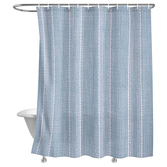 Periwinkle Blue Striped Shower Curtain, Coastal Grandma French Rustic Linen Texture Lightweight Waterproof Fabric Shower Curtain with Rustproof Grommets for Bathroom Bathtub 72x72in