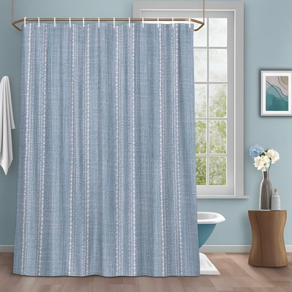 Periwinkle Blue Striped Shower Curtain with Hooks, Coastal Grandma French Rustic Linen Texture Sturdy Water Repellent Shower Curtains for Bathroom Bathtub, Machine Washable Curtains 72x78 Inch