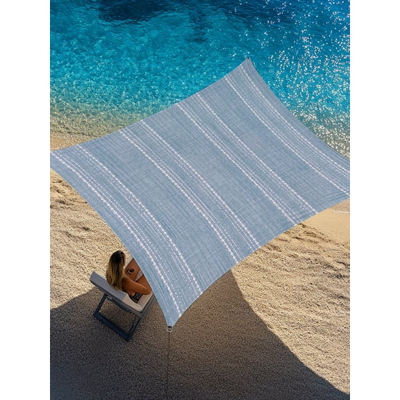 Periwinkle Blue Striped Sun Shade Sail 14' x 18', Coastal Grandma French Rustic Linen Texture Rectangle Outdoor Sunshade Canopy, Waterproof UV Block Patio Covers for Garden Yard Beach