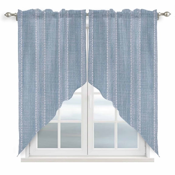 Periwinkle Blue Striped Swag Curtain Valance for Windows, Coastal Grandma French Rustic Linen Texture Window Treatments Short Swag Topper for Kitchen Windows Bathroom Bedroom, 36"x36"