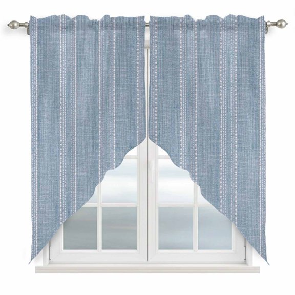 Periwinkle Blue Striped Swag Curtain Valance for Windows, Coastal Grandma French Rustic Linen Texture Window Treatments Short Swag Topper for Kitchen Windows Bathroom Bedroom, 36"x63"