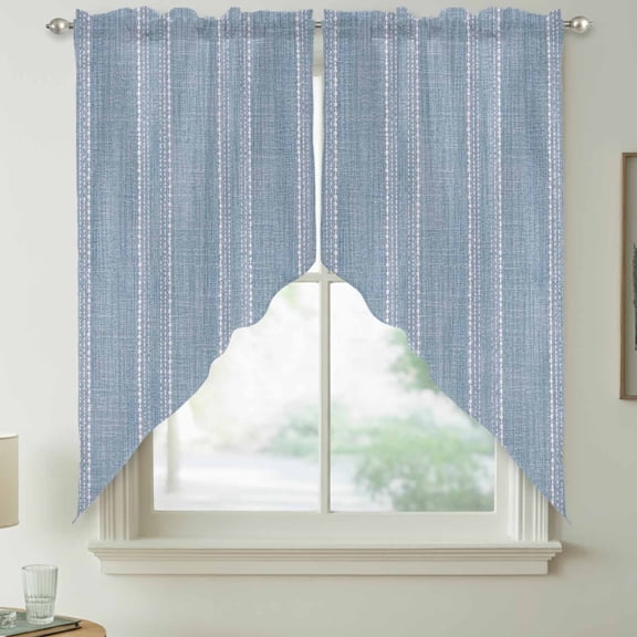 Periwinkle Blue Striped Swag Kitchen Curtain Valances, Coastal Grandma French Rustic Linen Texture Rod Pocket Curtains Window Treatment Decor Valances for Bedroom Bathroom, 2 Panels 36 x 36 Inch