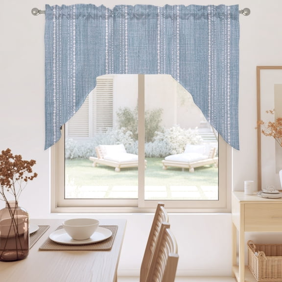 Periwinkle Blue Striped Swag Valance for Windows, Coastal Grandma French Rustic Linen Texture Swag Curtains Valances for Small Window Treatment Rod Pocket for Kitchen Bathroom 1 Panel 56x36in