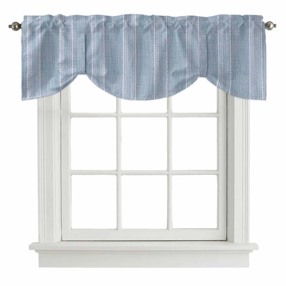 Periwinkle Blue Striped Tie Up Valances Curtain, Coastal Grandma French Rustic Linen Texture Adjustable Valance for Window Light Filtering for Kitchen and Bathroom Rod Pocket 1 Panel 60x18in