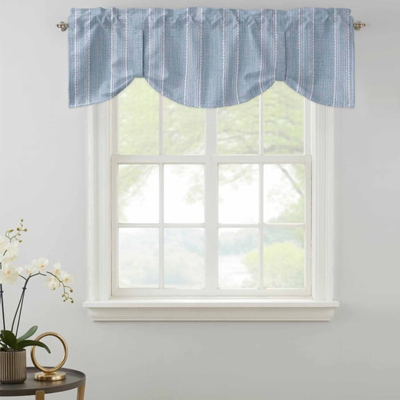 Periwinkle Blue Striped Tie Up Valances Curtain, Coastal Grandma French Rustic Linen Texture Kitchen Valances for Windows Decor, Rod Pocket Short Curtains Set for Bedroom/Bathroom, 54"x18"