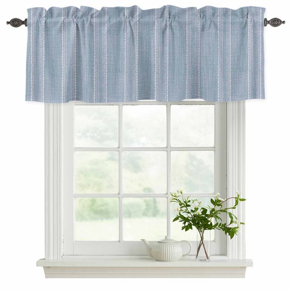 Periwinkle Blue Striped Valance Curtains for Windows 2 Pack, Coastal Grandma French Rustic Linen Texture Light Filtering Rod Pocket Short Valance Curtains for Kitchen Bathroom, 42x12in
