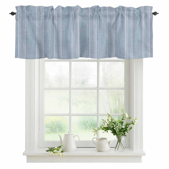 Periwinkle Blue Striped Valances for Windows, Coastal Grandma French Rustic Linen Texture Valance Rod Pocket Window Treatments Curtains for Kitchen Small Windows Living Room Bedroom Bathroom 42"x12"