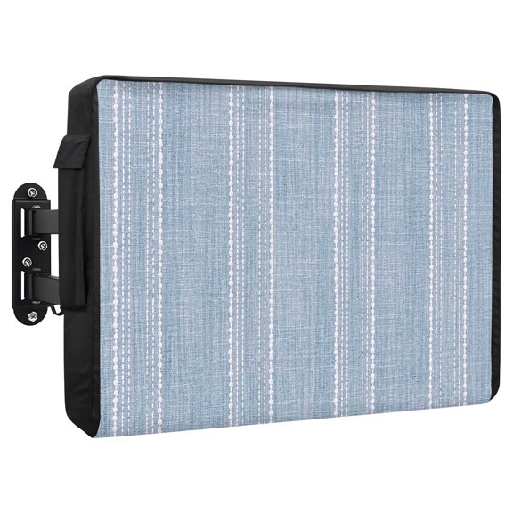 Periwinkle Blue Striped Waterproof Outdoor TV Cover, Coastal Grandma French Rustic Linen Texture Outside Weatherproof TV Enclosures for 30 to 32 Inch LCD Television Shield Flat Screen Protectors