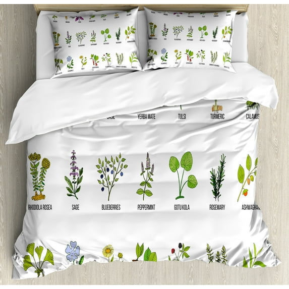 Periwinkle Duvet Cover Set, Herbs for Memory Focus and Brain Work Plant Design, Decorative 3 Piece Bedding Set with 2 Pillow Shams, Queen Size, Lime Green Multicolor, by Ambesonne