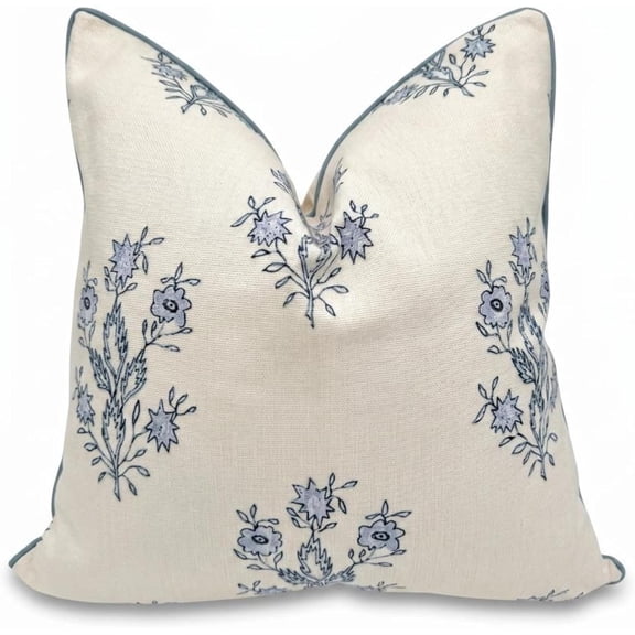 Periwinkle Floral Block Print Pillow Cover in Blue and White Cotton, 24" x 24"