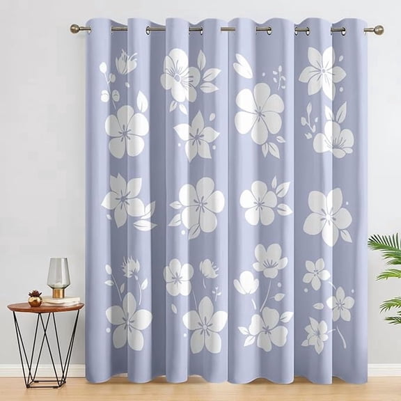 Periwinkle and White Curtains, Elegant Floral Window Curtains, Minimalist Flower Blackout Curtains, Thermal Grommet Drapes for Bedroom Living Room 26"W x 54"L (Pack of 2)