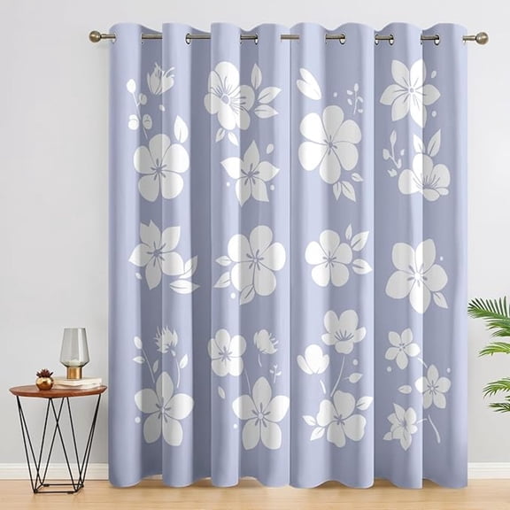 Periwinkle And White Curtains, Elegant Floral Window Curtains, Minimalist Flower Blackout Curtains, Thermal Grommet Drapes for Bedroom Living Room 53"W x 96"L (Pack of 2)